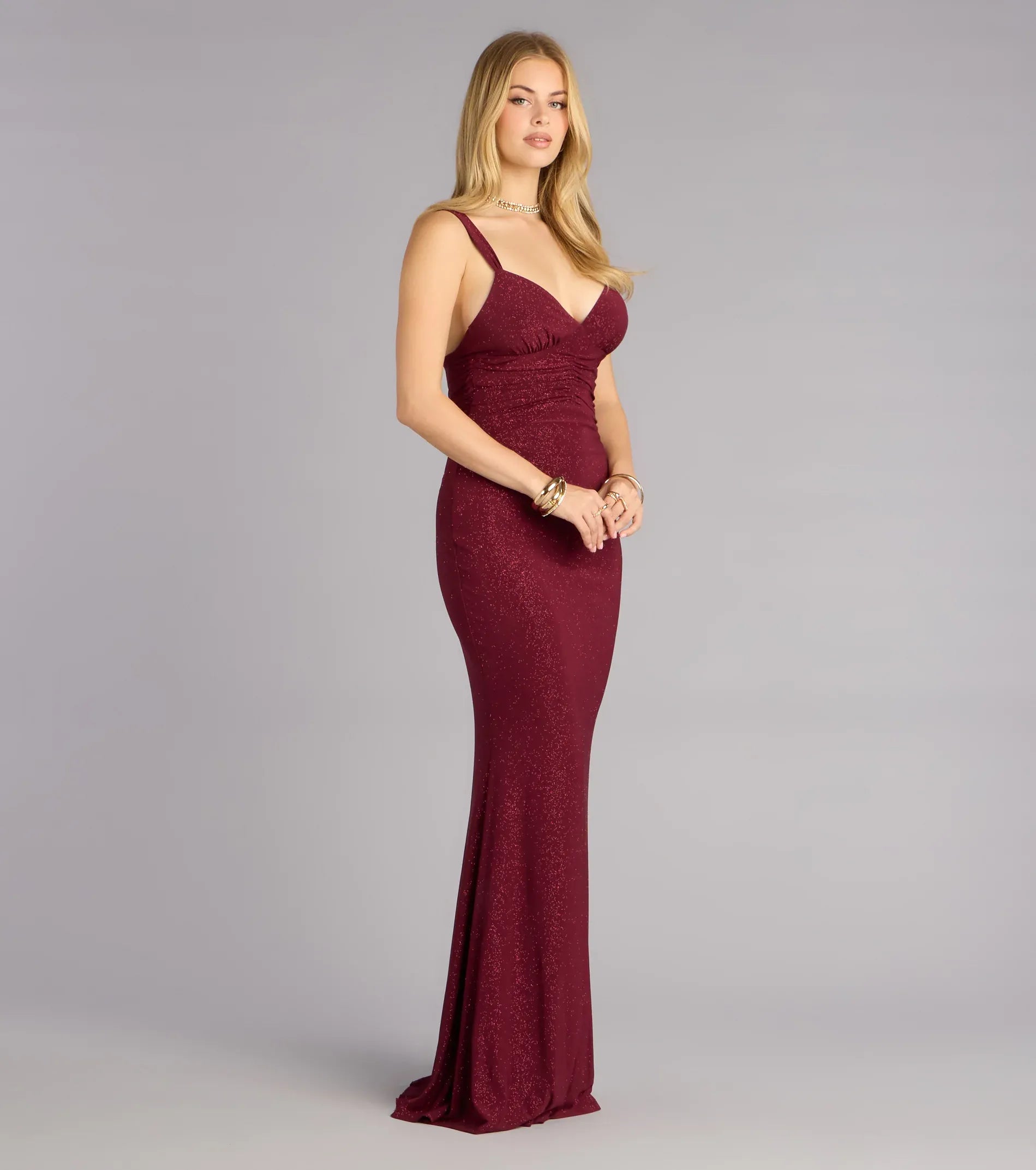 Sparkling Mermaid V-Neck Wide-Strap Keyhole-Back Ruched Maxi Wedding Guest Dress