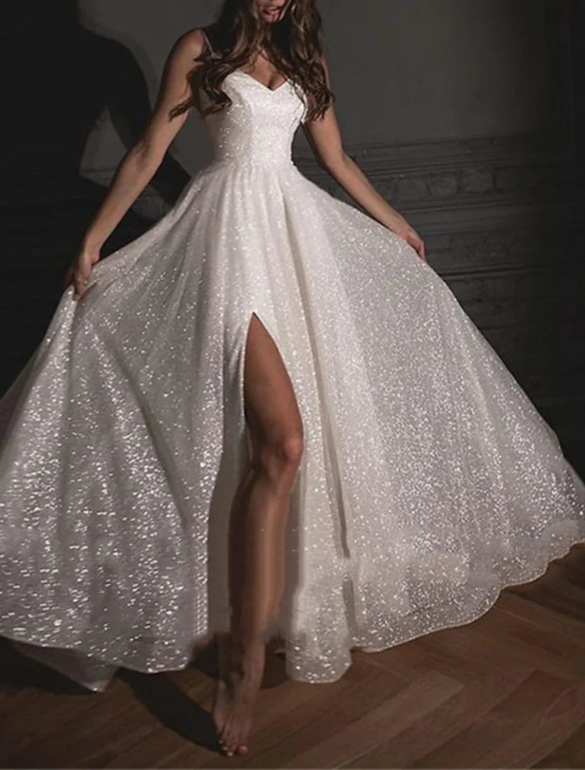 Sparkly A-Line V Spaghetti Strap High Slit Glitter Tulle Train Wedding Dress