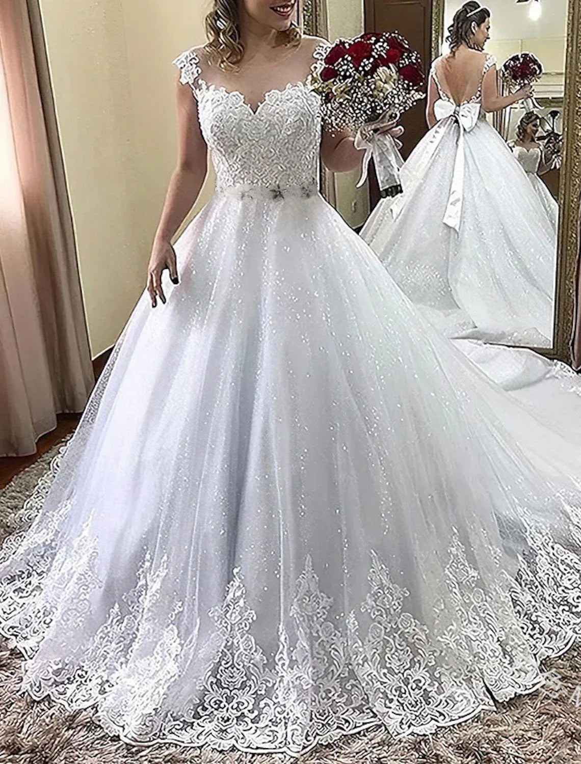 Sparkly Ballgown Sweetheart Cap Sleeve Sheer Back Big Satin Bow Lace Train Wedding Dress