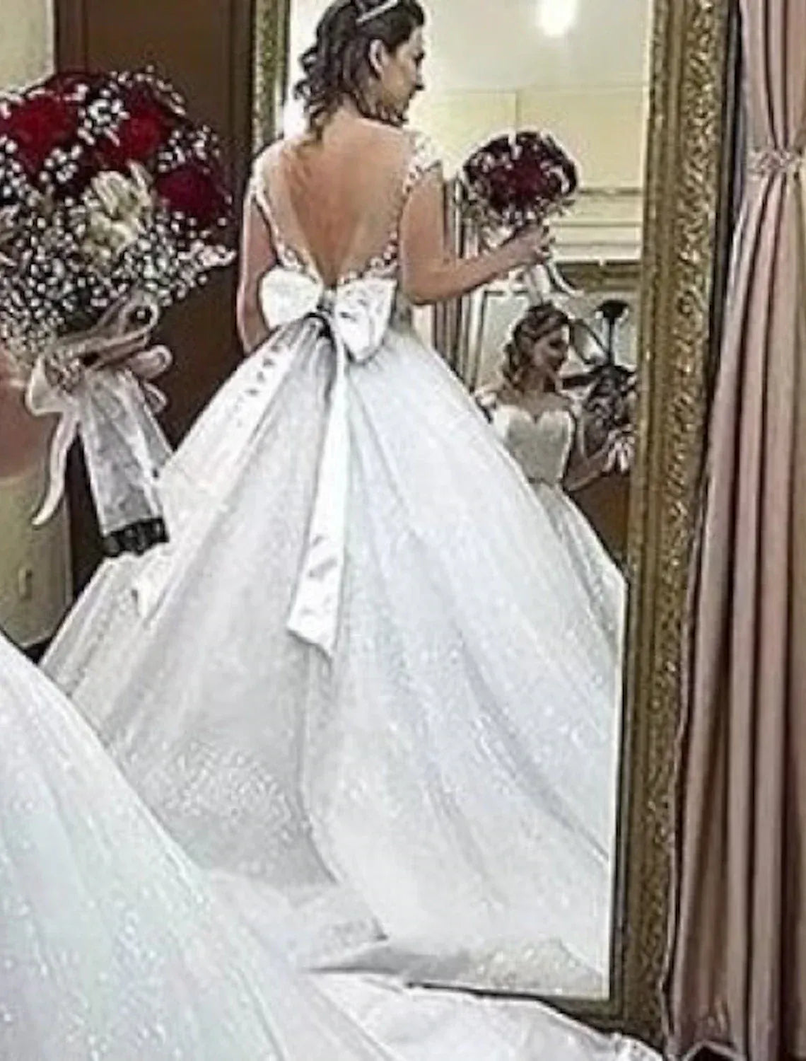 Sparkly Ballgown Sweetheart Cap Sleeve Sheer Back Big Satin Bow Lace Train Wedding Dress