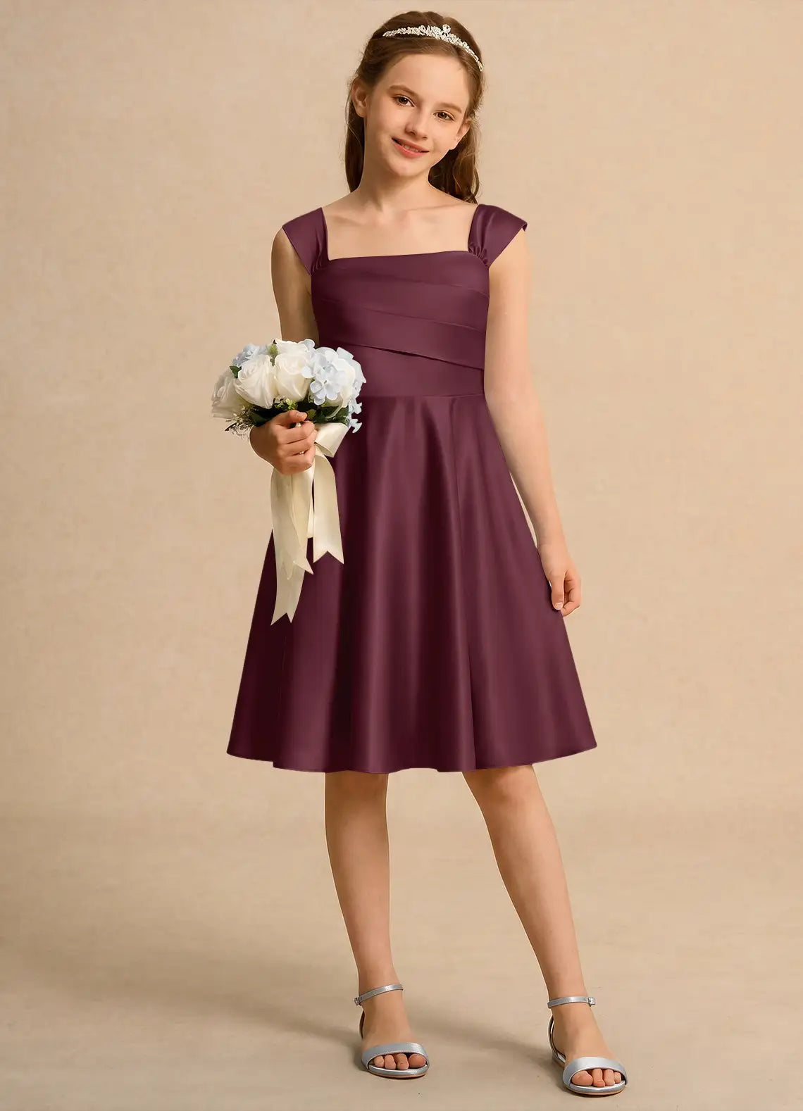 Square Cap Strap Plum Satin Knee-Length Junior Bridesmaid Dresses