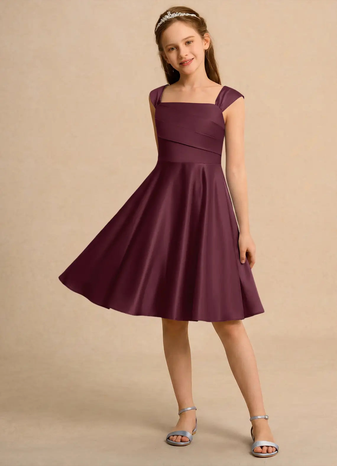 Square Cap Strap Plum Satin Knee-Length Junior Bridesmaid Dresses