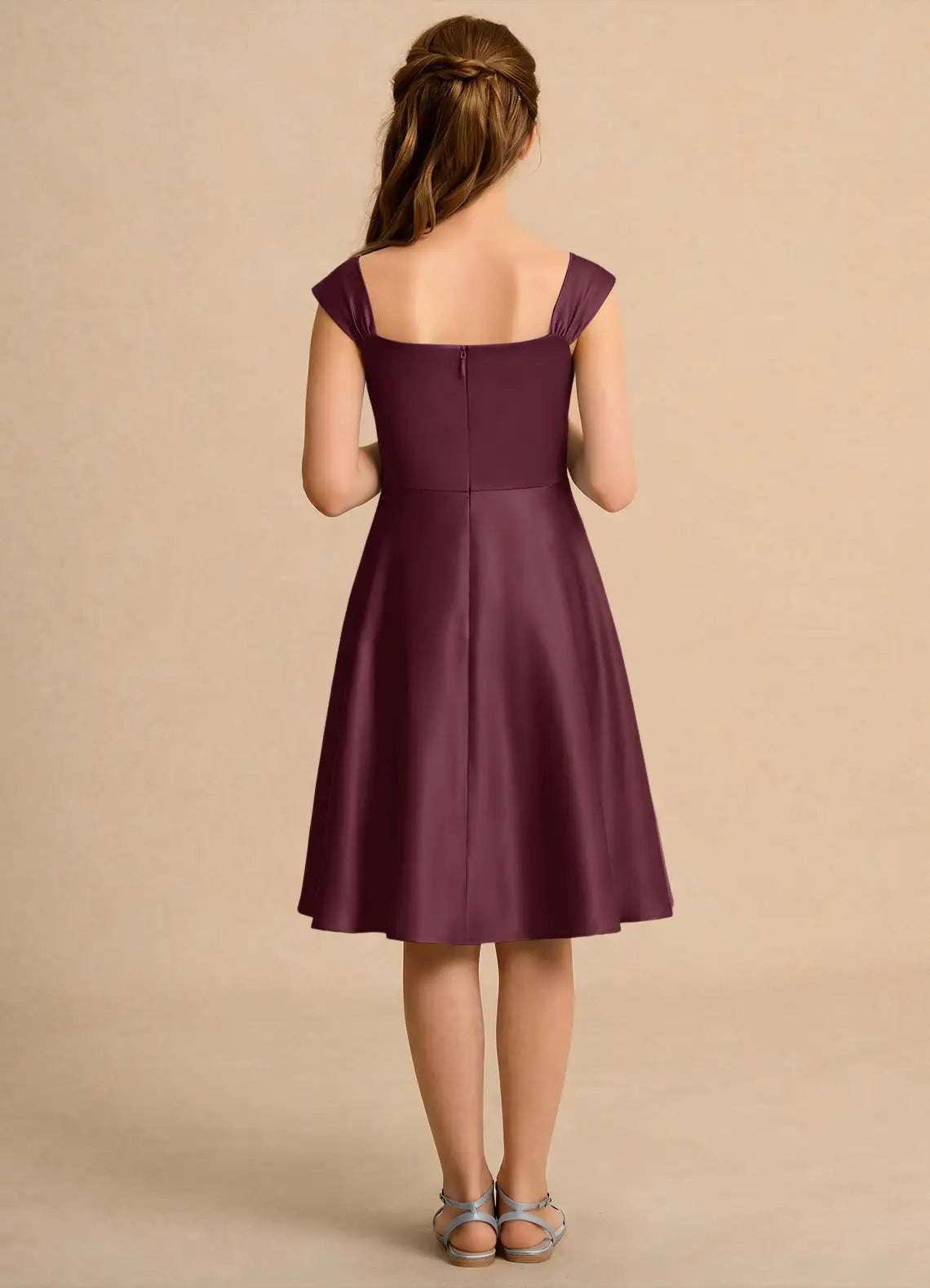 Square Cap Strap Plum Satin Knee-Length Junior Bridesmaid Dresses