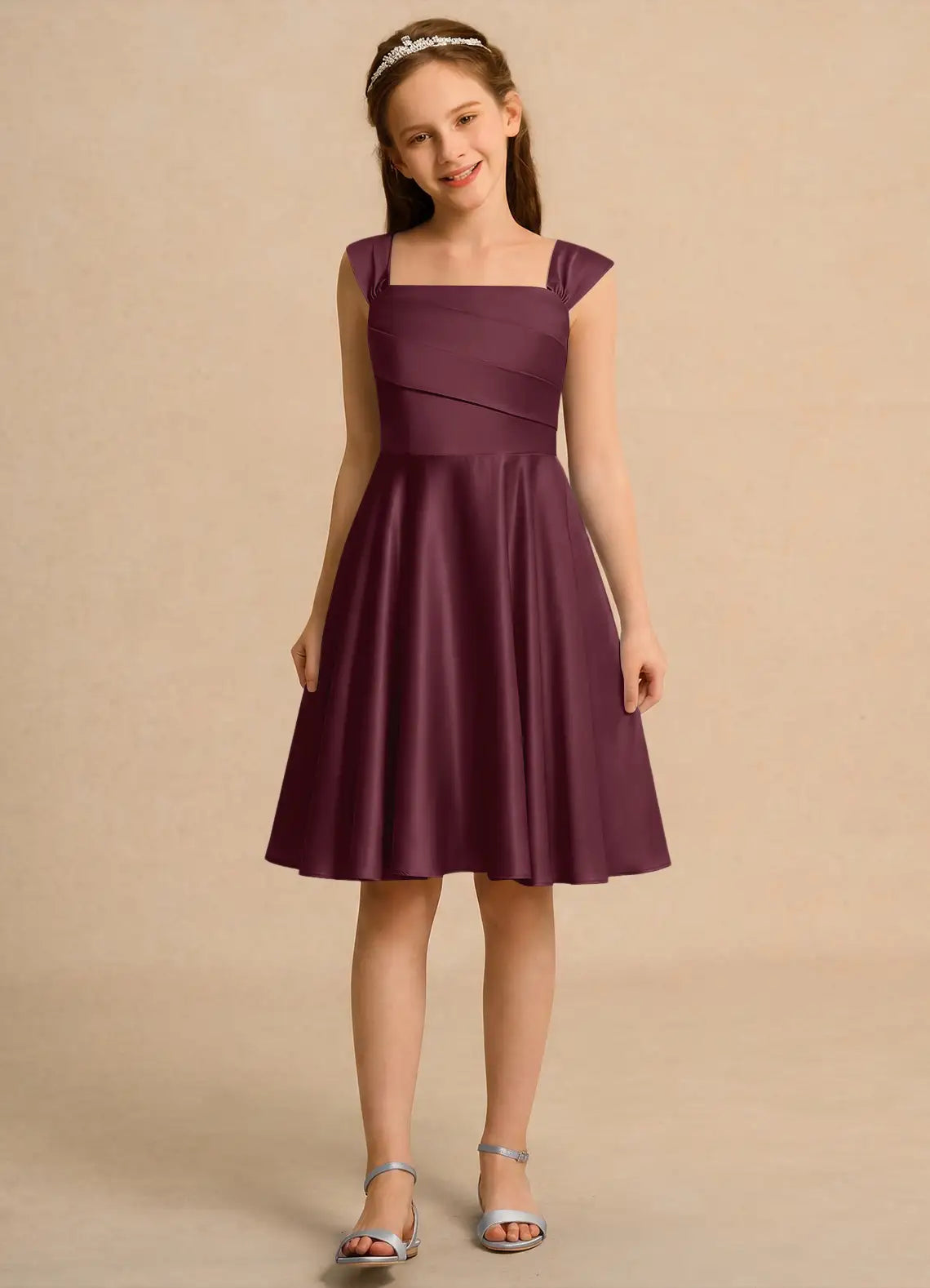 Square Cap Strap Plum Satin Knee-Length Junior Bridesmaid Dresses