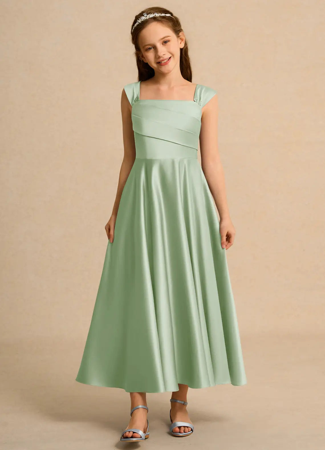 Square Cap Strap Wrap Bodice Sage Green Satin Midi Junior Bridesmaid Dresses