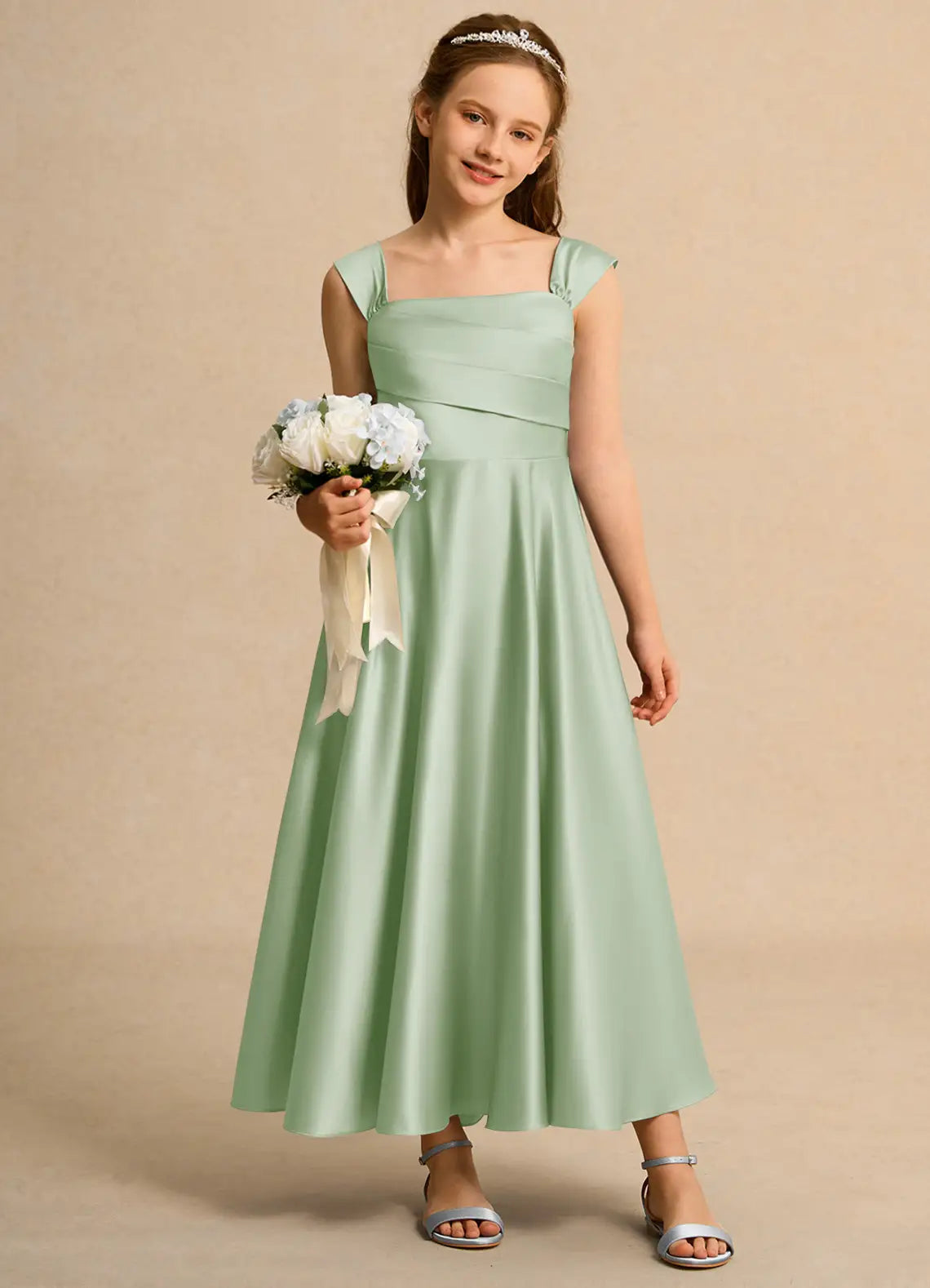 Square Cap Strap Wrap Bodice Sage Green Satin Midi Junior Bridesmaid Dresses