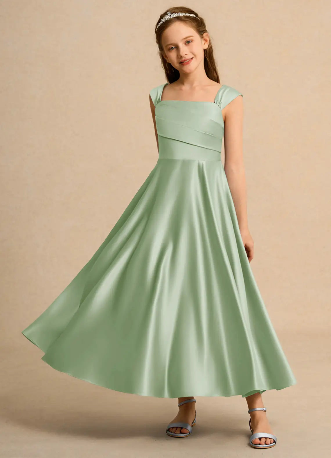 Square Cap Strap Wrap Bodice Sage Green Satin Midi Junior Bridesmaid Dresses