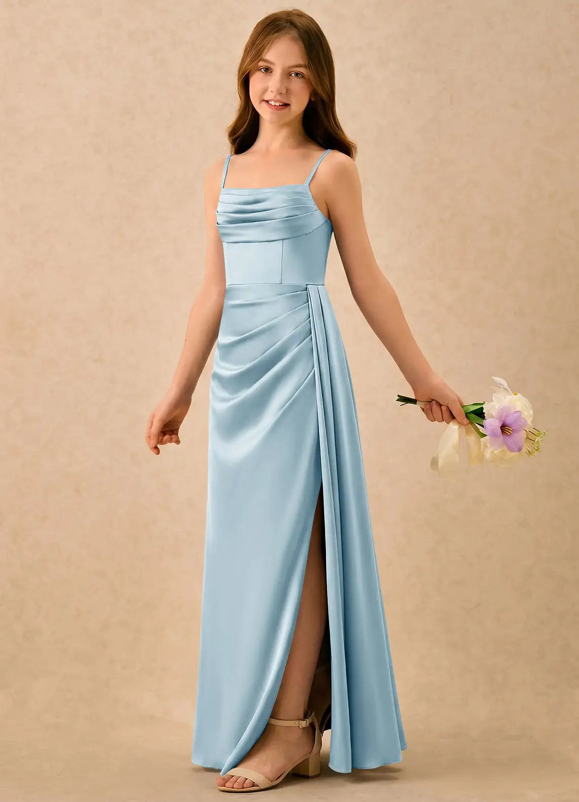Square Neck Adjustable Spaghetti Strap Dusty Blue Satin Full-Length Junior Bridesmaid Dresses with Side Ruched Skirt and High Slit