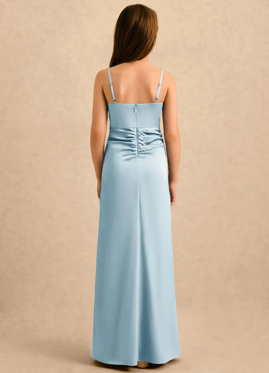 Square Neck Adjustable Spaghetti Strap Dusty Blue Satin Full-Length Junior Bridesmaid Dresses with Side Ruched Skirt and High Slit