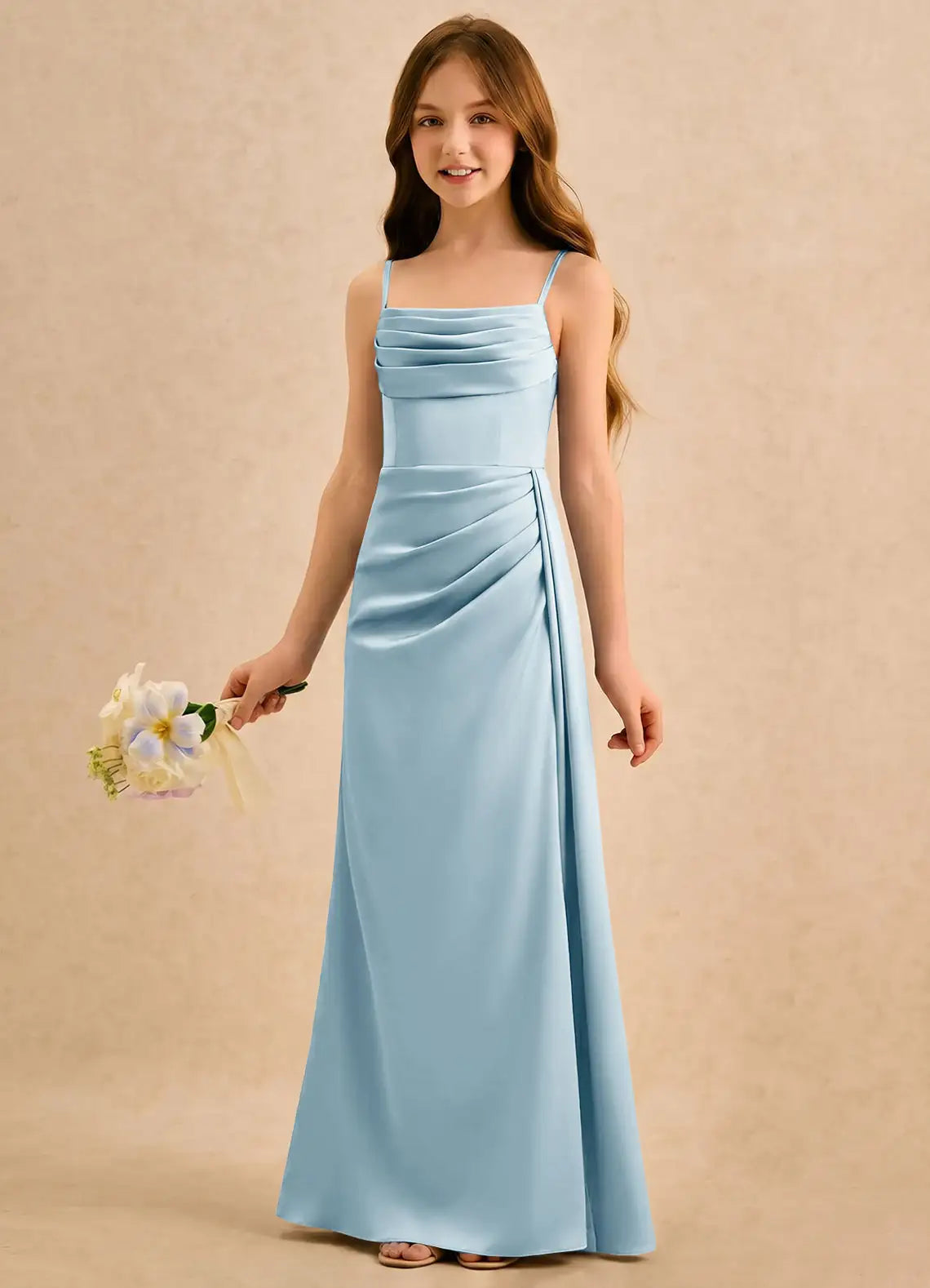 Square Neck Adjustable Spaghetti Strap Dusty Blue Satin Full-Length Junior Bridesmaid Dresses with Side Ruched Skirt and High Slit