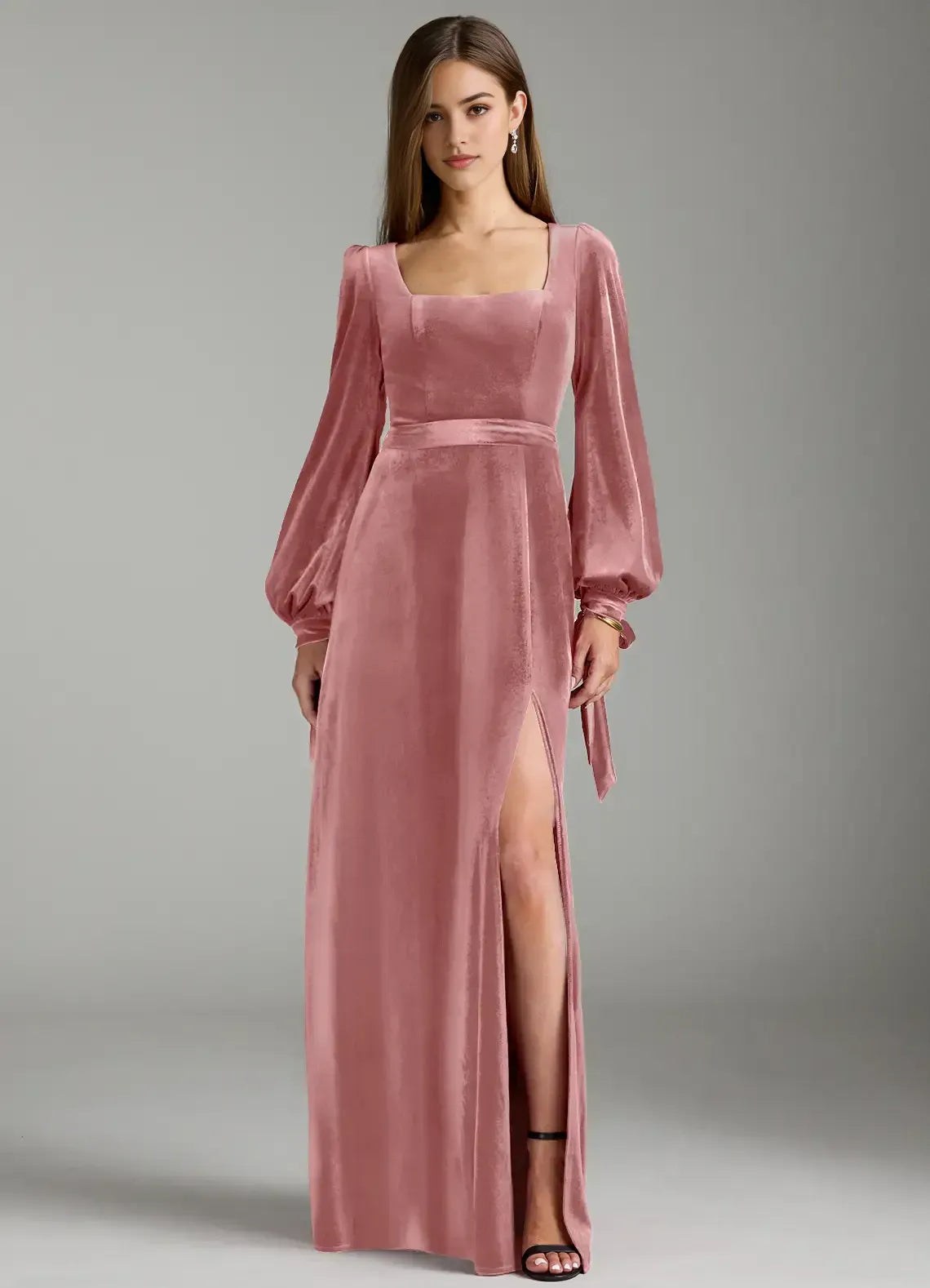 Square Neck Bishop Sleeve Cuff Tie Sash Waist High Slit Velvet Long Bridesmaid Dress