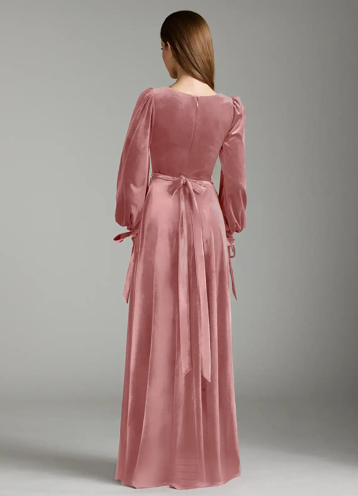 Square Neck Bishop Sleeve Cuff Tie Sash Waist High Slit Velvet Long Bridesmaid Dress