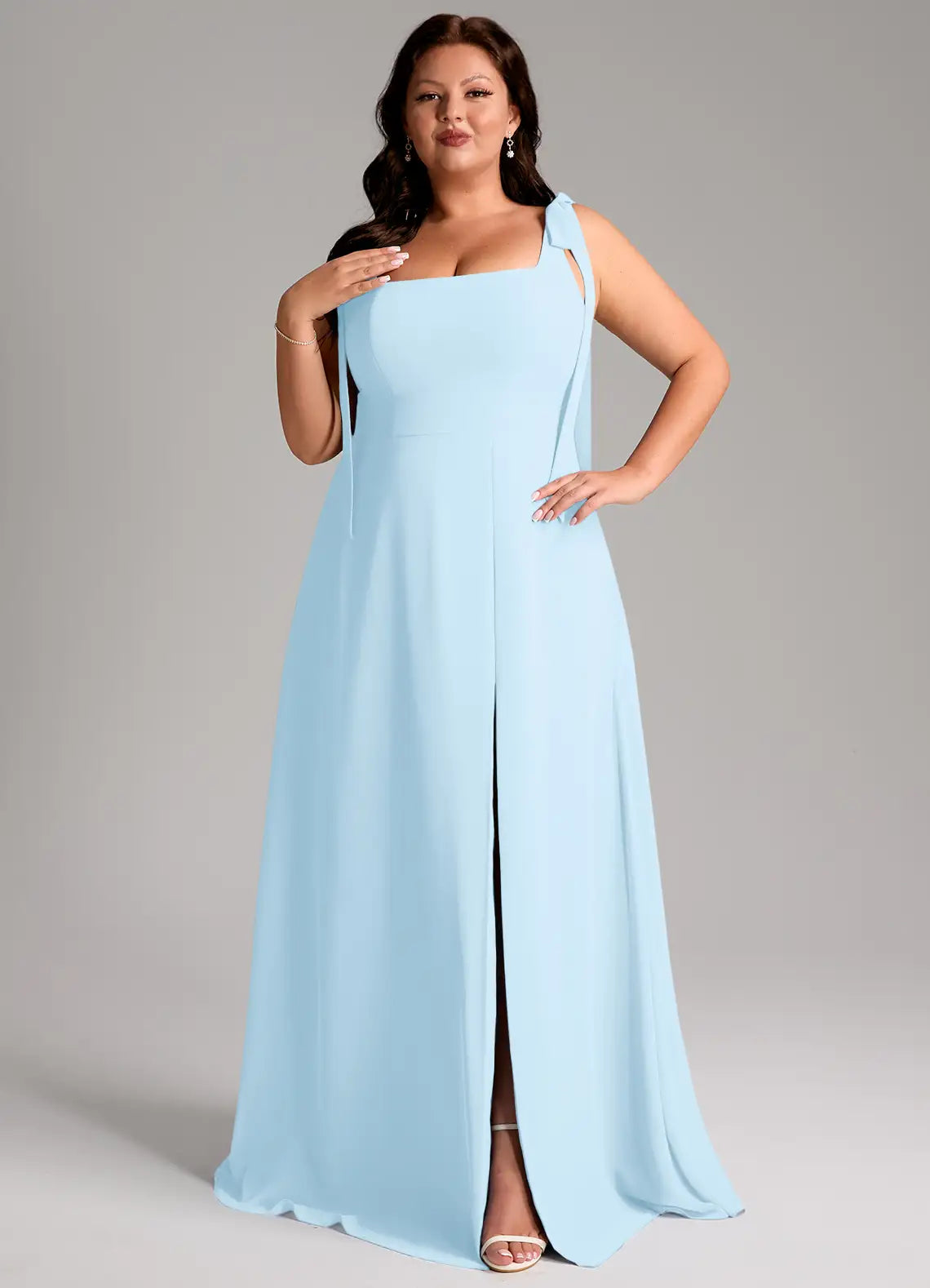 Square Neck Bow Strap Slit Floor-Length Plus Size Bridesmaid Dress