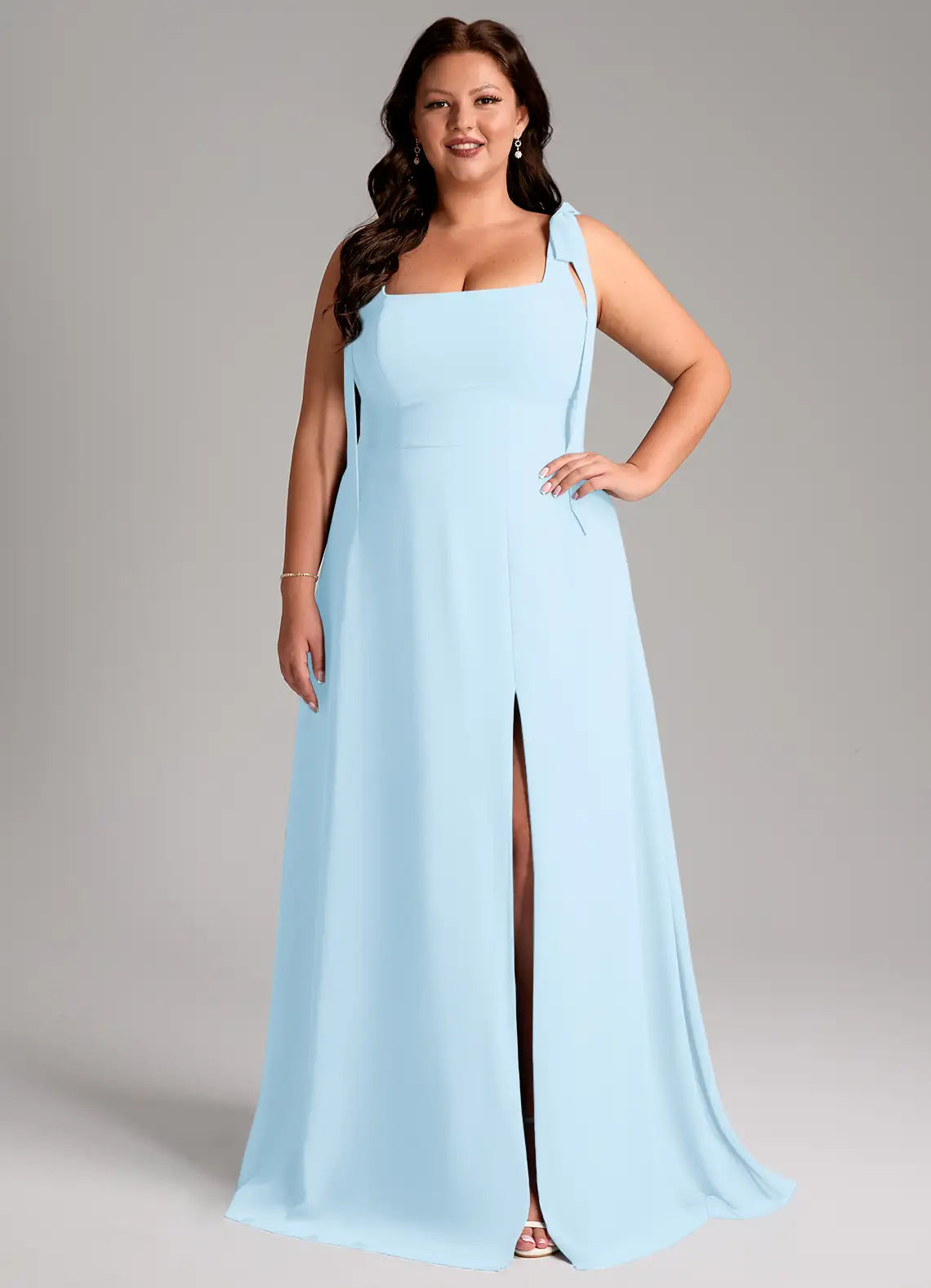 Square Neck Bow Strap Slit Floor-Length Plus Size Bridesmaid Dress