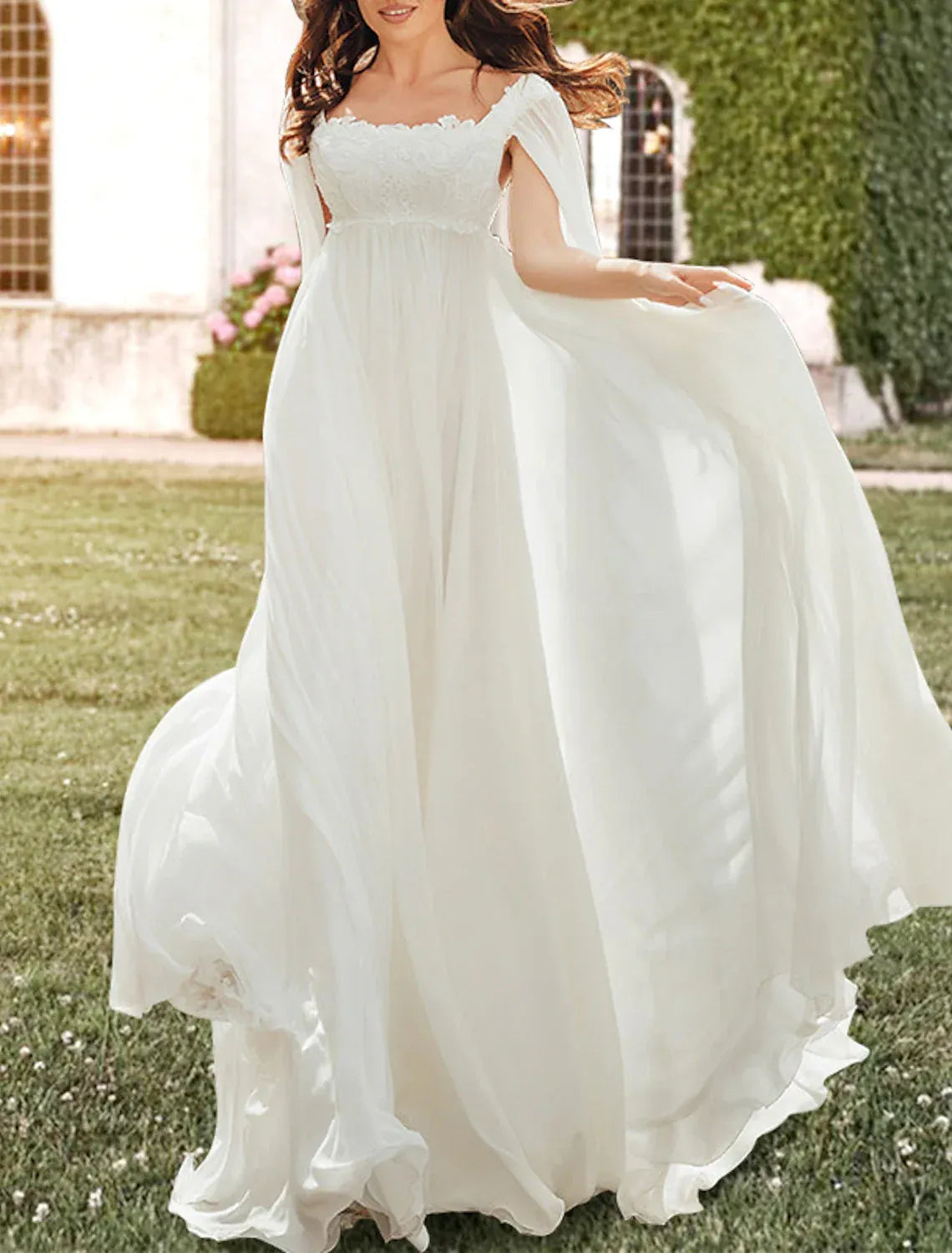 Square‑Neck Cape‑Sleeve Lace Chiffon Empire‑Waist A‑Line Wedding Dress