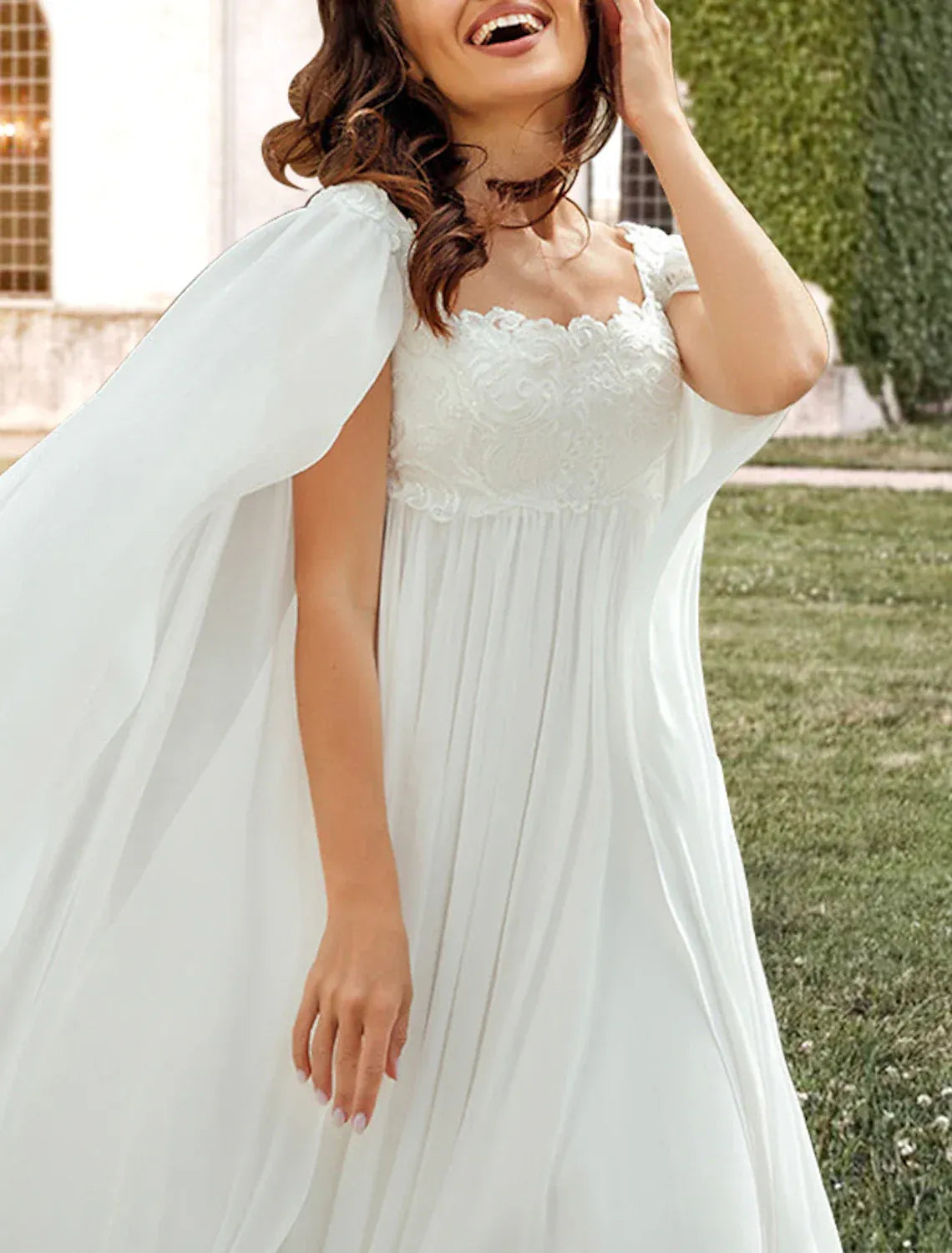 Square‑Neck Cape‑Sleeve Lace Chiffon Empire‑Waist A‑Line Wedding Dress