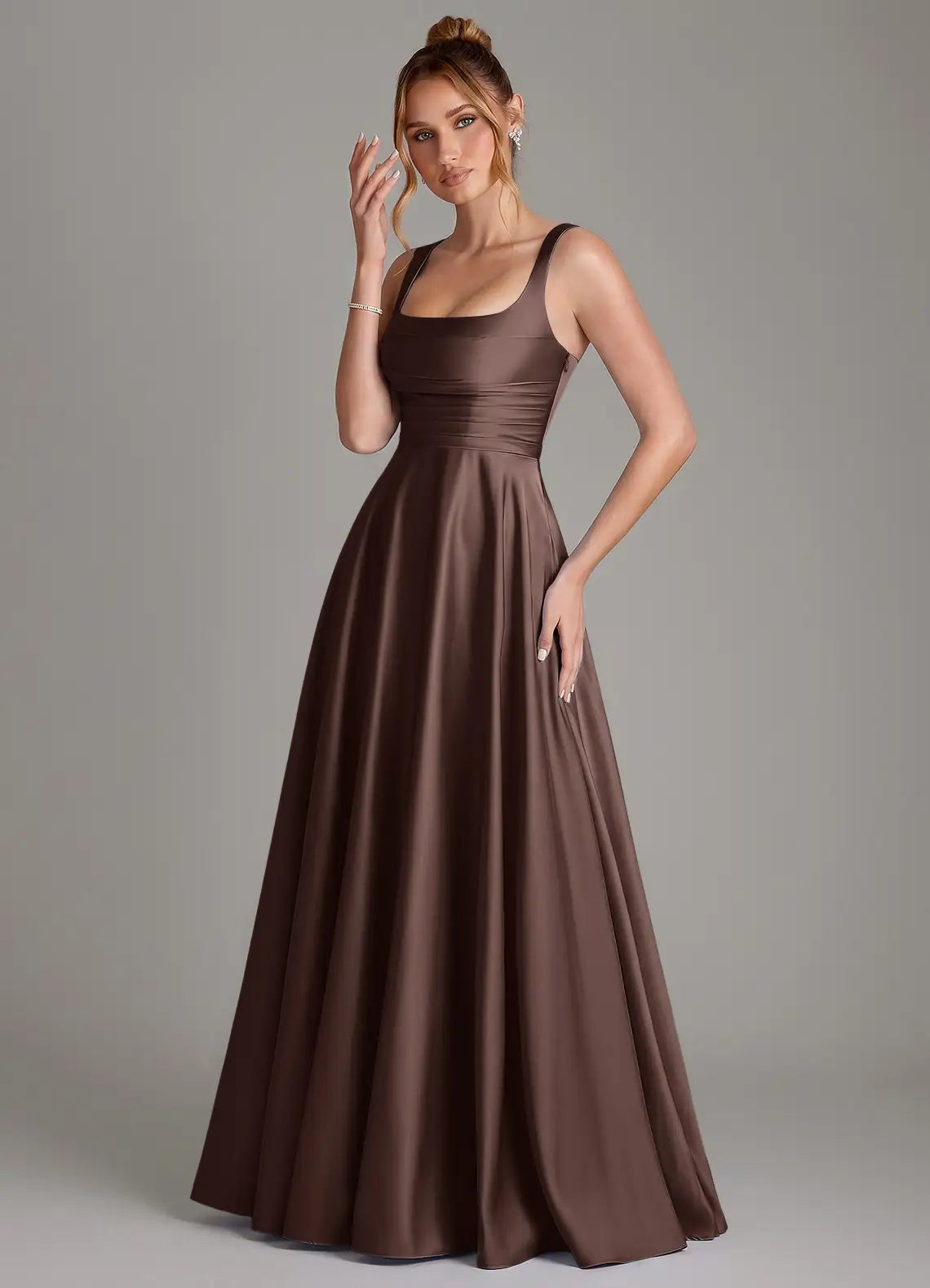 Square Neck Corset Back Satin Floor-Length Bridesmaid Dress