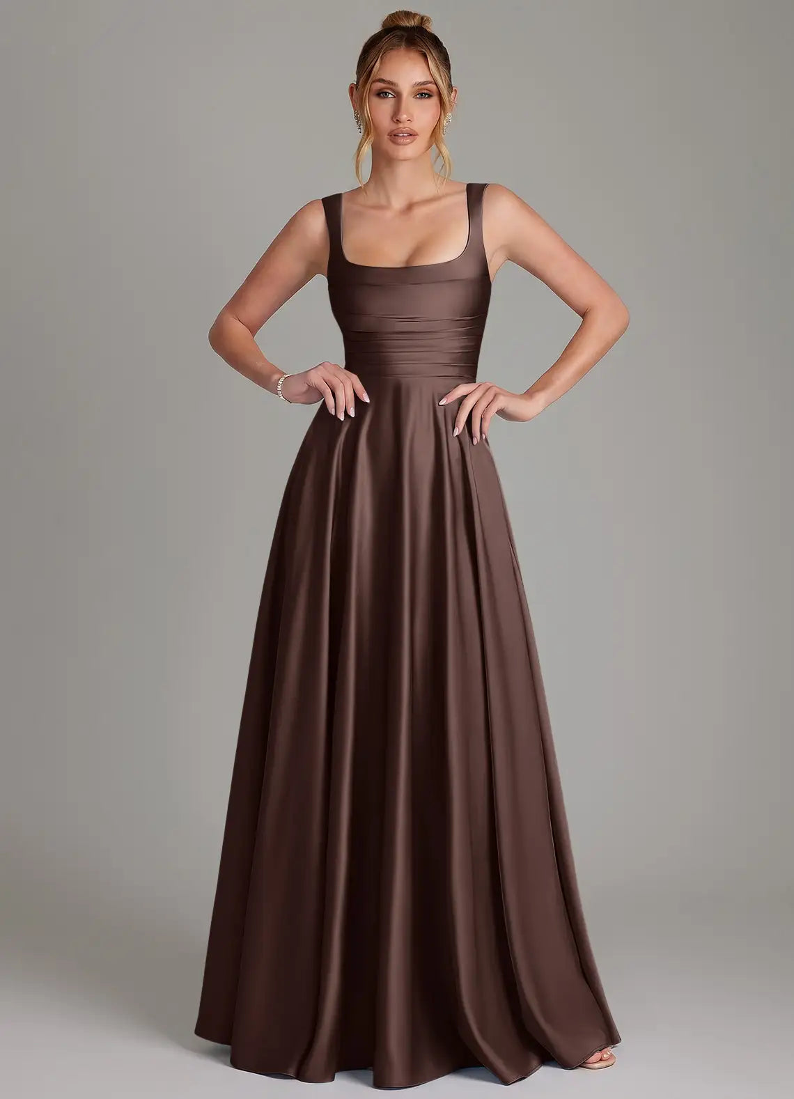 Square Neck Corset Back Satin Floor-Length Bridesmaid Dress