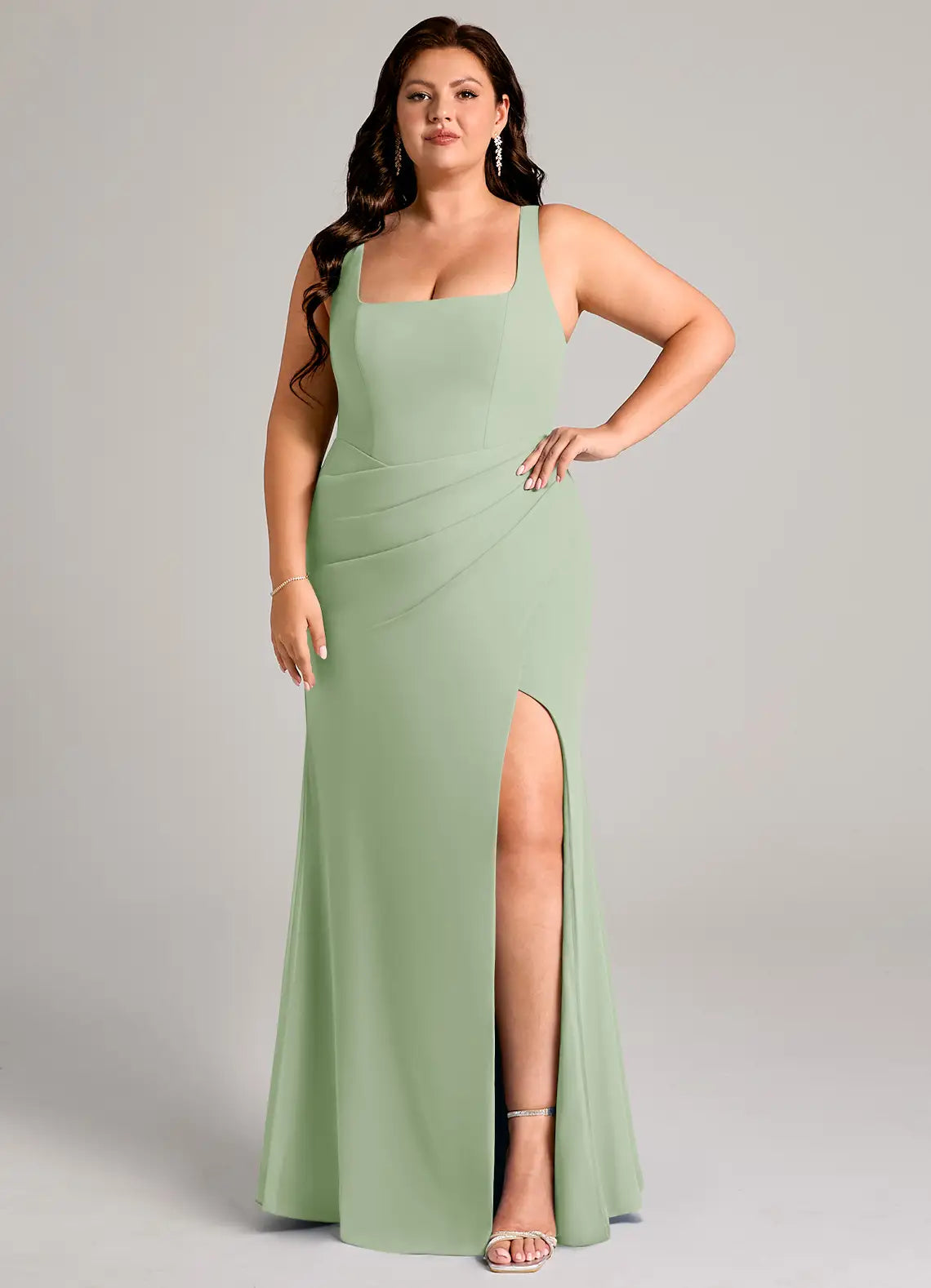 Square Neck Cross Back Slit Floor-Length Plus Size Bridesmaid Dress