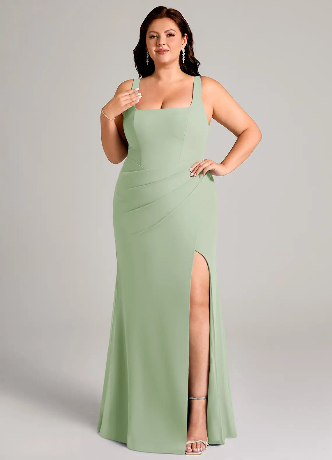 Square Neck Cross Back Slit Floor-Length Plus Size Bridesmaid Dress