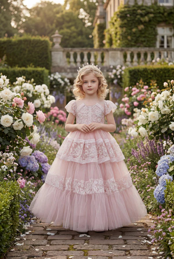 Square Neck Flutter Short Sleeve Blush Tiered Lace Tulle Full Length Flower Girl Dresses