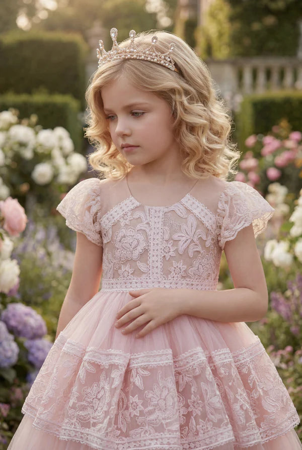 Square Neck Flutter Short Sleeve Blush Tiered Lace Tulle Full Length Flower Girl Dresses