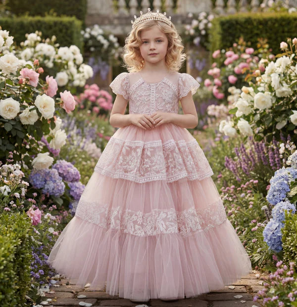 Square Neck Flutter Short Sleeve Blush Tiered Lace Tulle Full Length Flower Girl Dresses