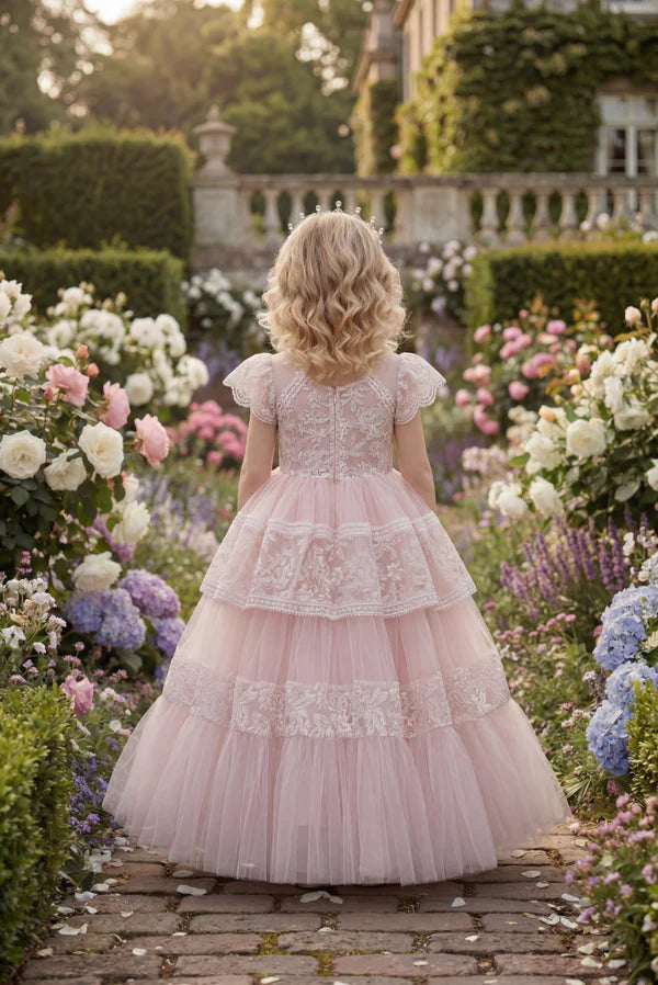Square Neck Flutter Short Sleeve Blush Tiered Lace Tulle Full Length Flower Girl Dresses