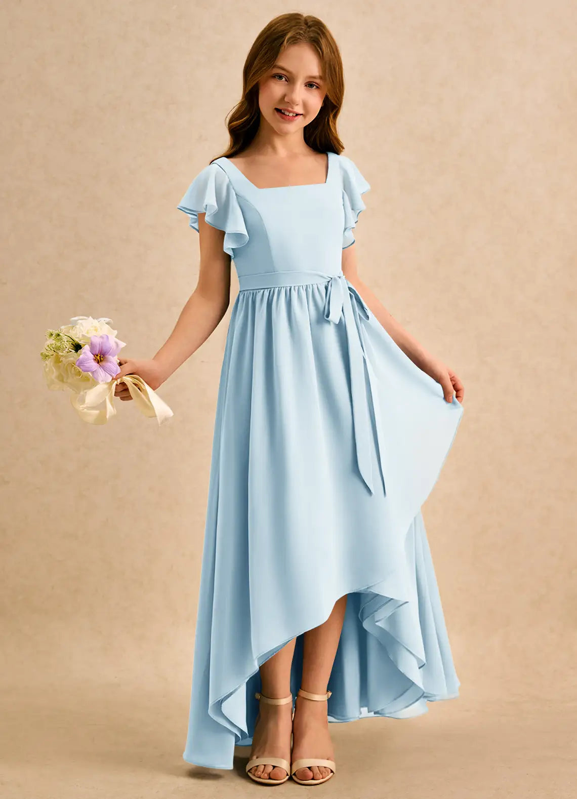 Square Neck Flutter Short Sleeve Waist Sash High Low Light Blue Chiffon Junior Bridesmaid Dresses