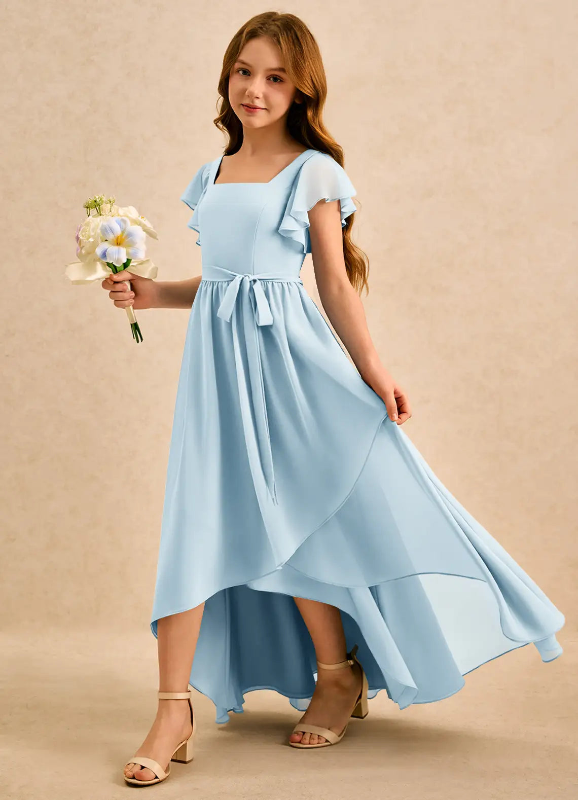 Square Neck Flutter Short Sleeve Waist Sash High Low Light Blue Chiffon Junior Bridesmaid Dresses