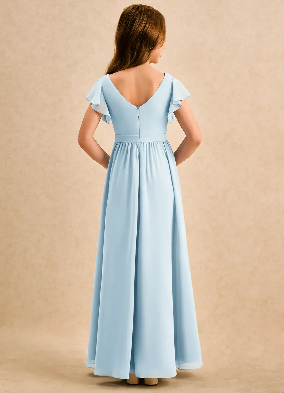 Square Neck Flutter Short Sleeve Waist Sash High Low Light Blue Chiffon Junior Bridesmaid Dresses
