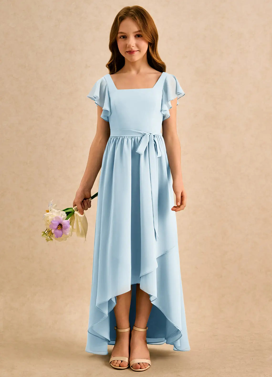Square Neck Flutter Short Sleeve Waist Sash High Low Light Blue Chiffon Junior Bridesmaid Dresses
