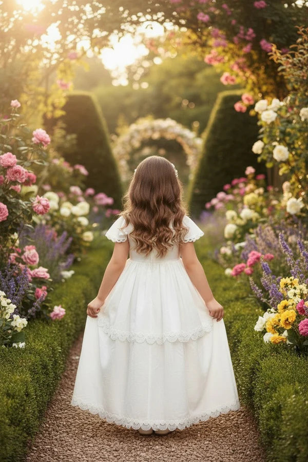 Square Neck Flutter Short Sleeve White Tiered Lace Trim Full Length First Communion Dresses