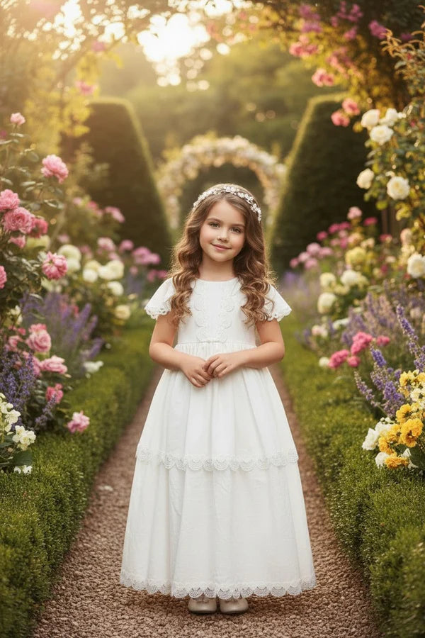 Square Neck Flutter Short Sleeve White Tiered Lace Trim Full Length First Communion Dresses