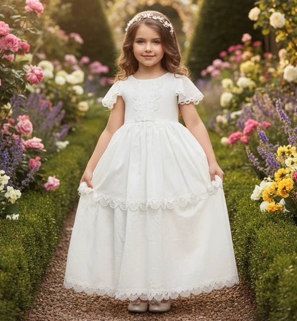 Square Neck Flutter Short Sleeve White Tiered Lace Trim Full Length First Communion Dresses