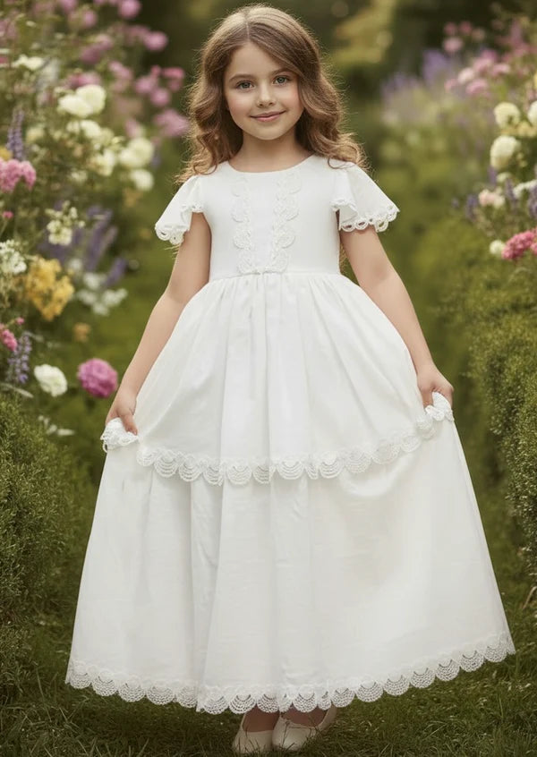 Square Neck Flutter Short Sleeve White Tiered Lace Trim Full Length First Communion Dresses