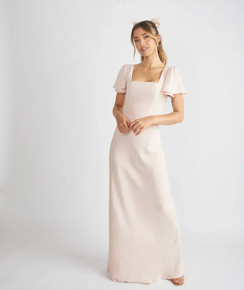 Square Neck Flutter Short Sleeve Low Open Back Mermaid Satin Long Bridesmaid Dress