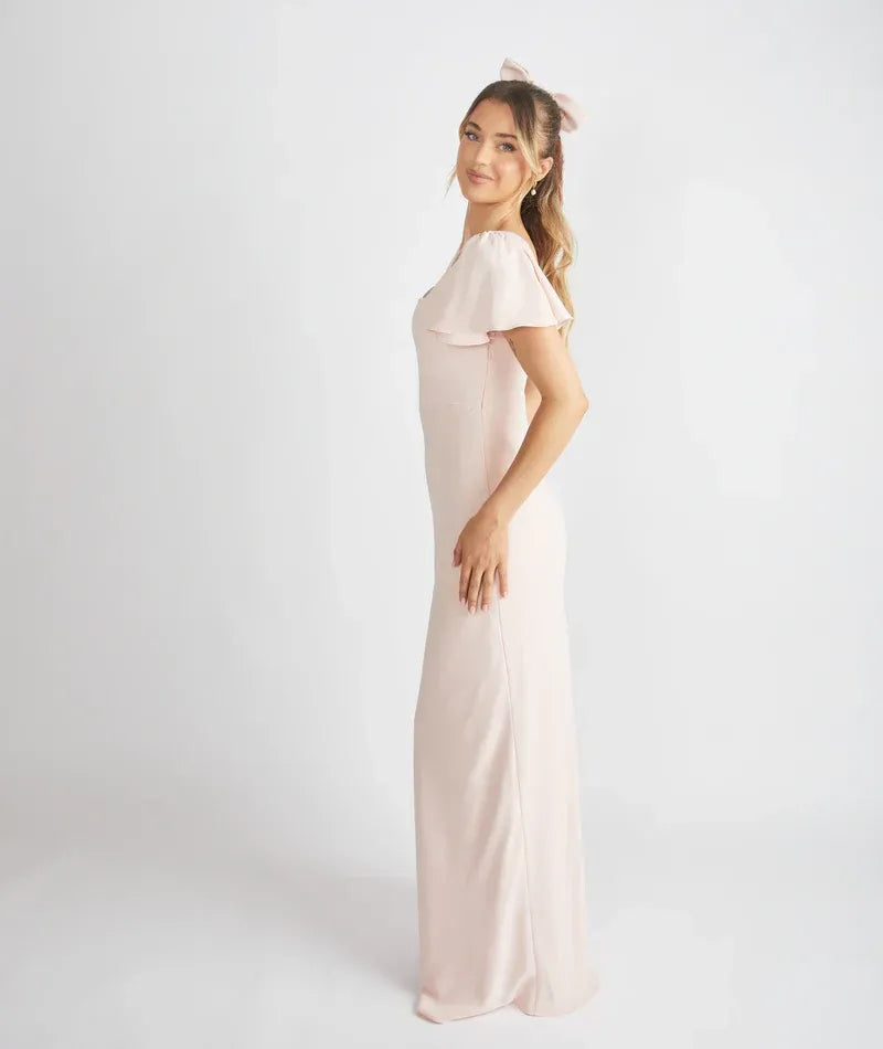 Square Neck Flutter Short Sleeve Low Open Back Mermaid Satin Long Bridesmaid Dress