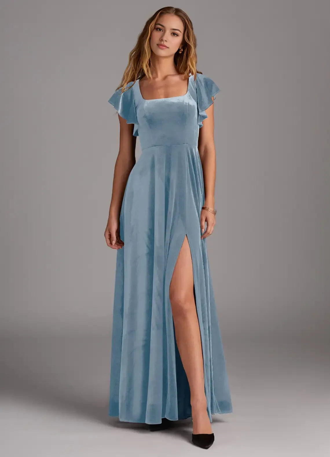 Square Neck Flutter Sleeve Open Back Tie Bow High Slit Velvet Long Bridesmaid Dress