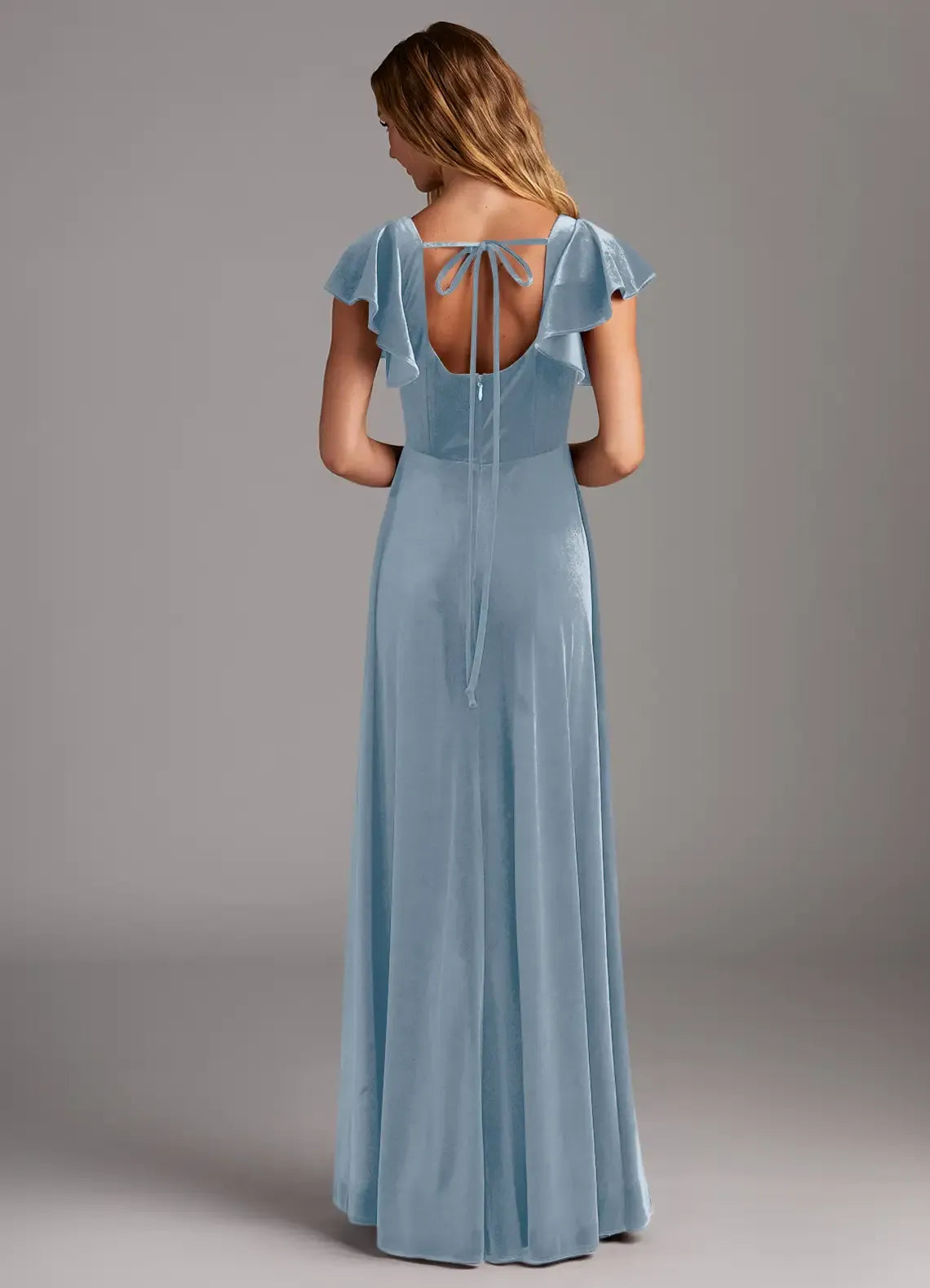 Square Neck Flutter Sleeve Open Back Tie Bow High Slit Velvet Long Bridesmaid Dress