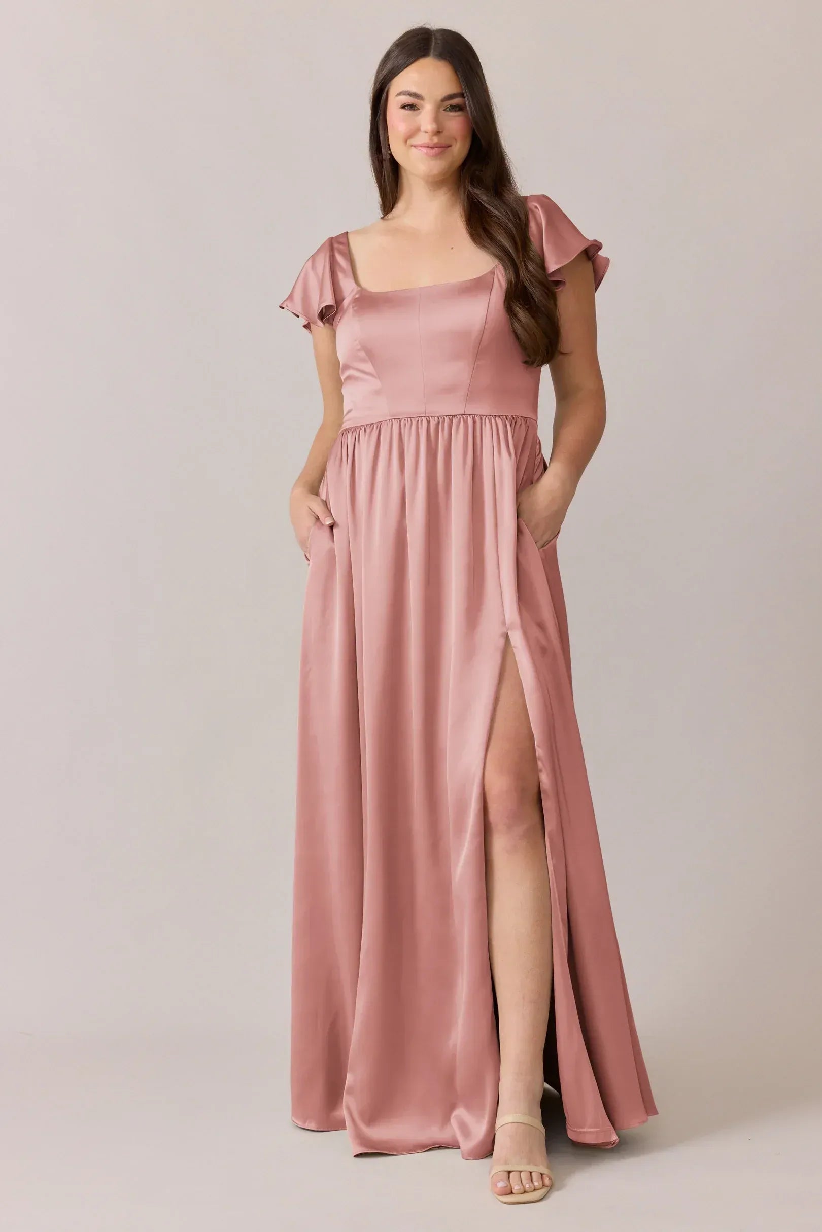 Square Neck Flutter Cap Sleeve Elastic Waist Pocket High Slit A Line Satin Long Bridesmaid Dress