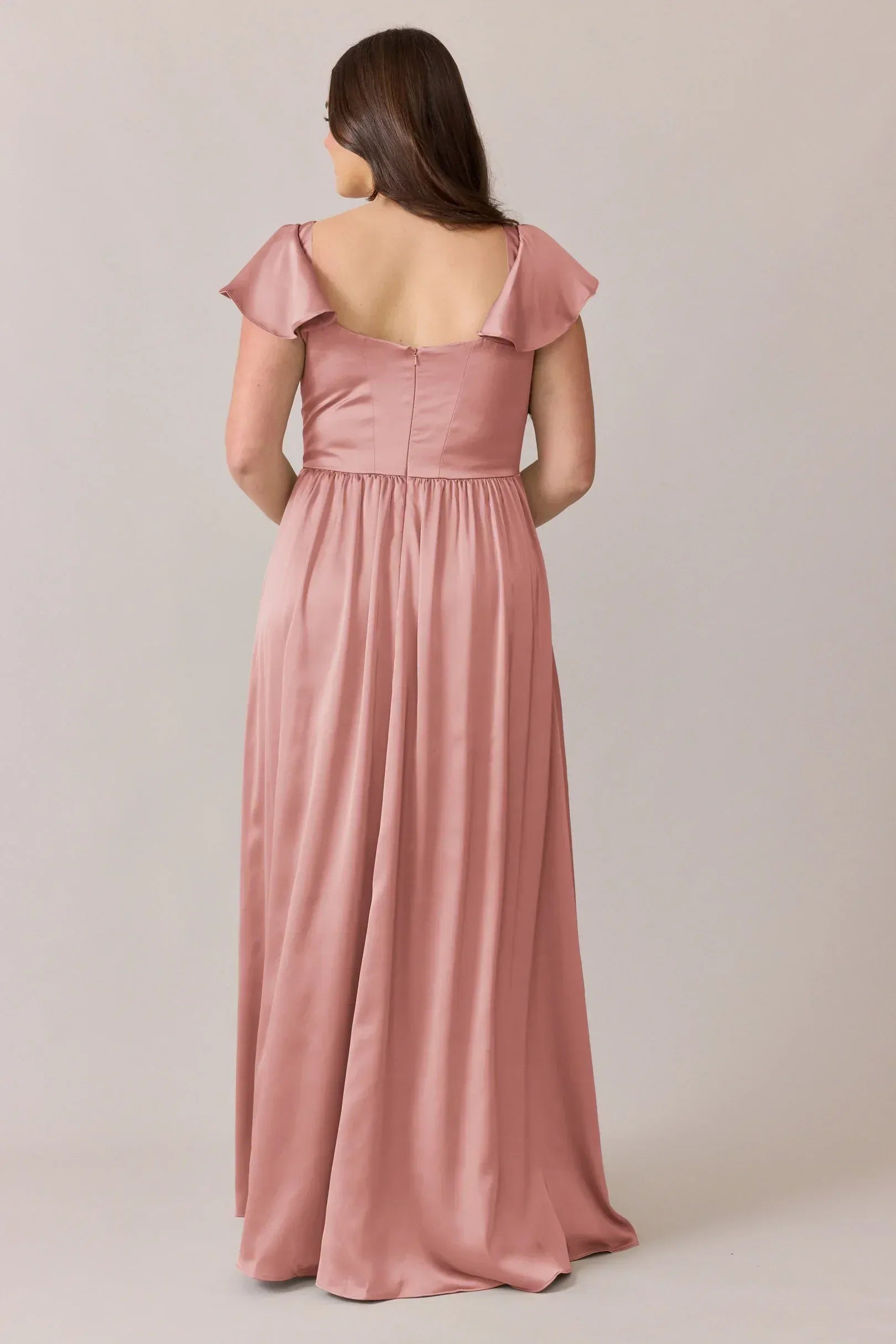 Square Neck Flutter Cap Sleeve Elastic Waist Pocket High Slit A Line Satin Long Bridesmaid Dress