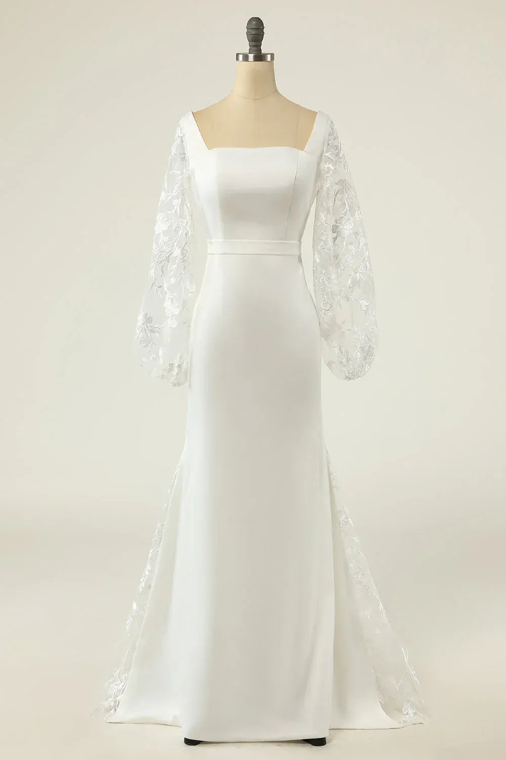 Square Neck Long Floral Lace Puff Sleeve Satin Mermaid Wedding Dress With Bow Back Train