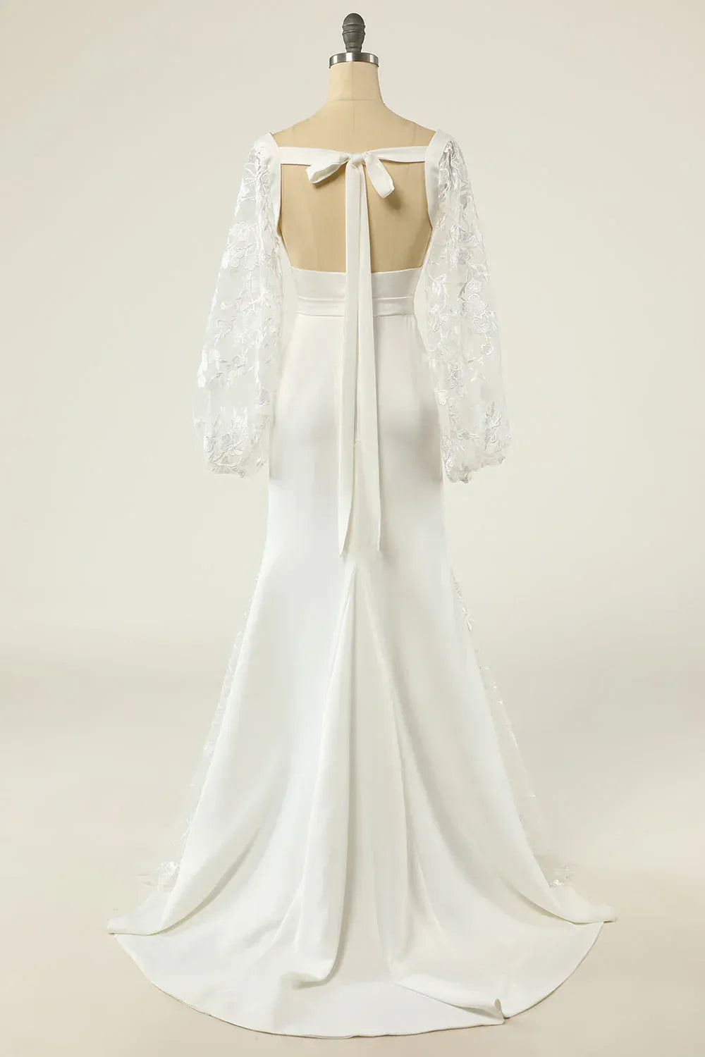 Square Neck Long Floral Lace Puff Sleeve Satin Mermaid Wedding Dress With Bow Back Train