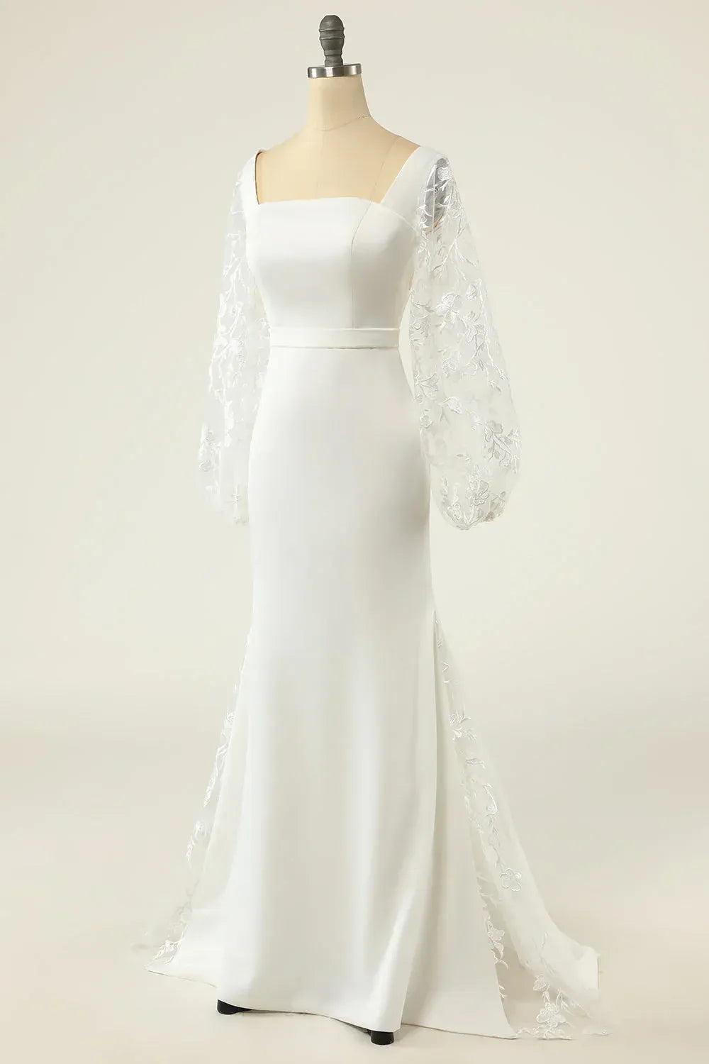 Square Neck Long Floral Lace Puff Sleeve Satin Mermaid Wedding Dress With Bow Back Train