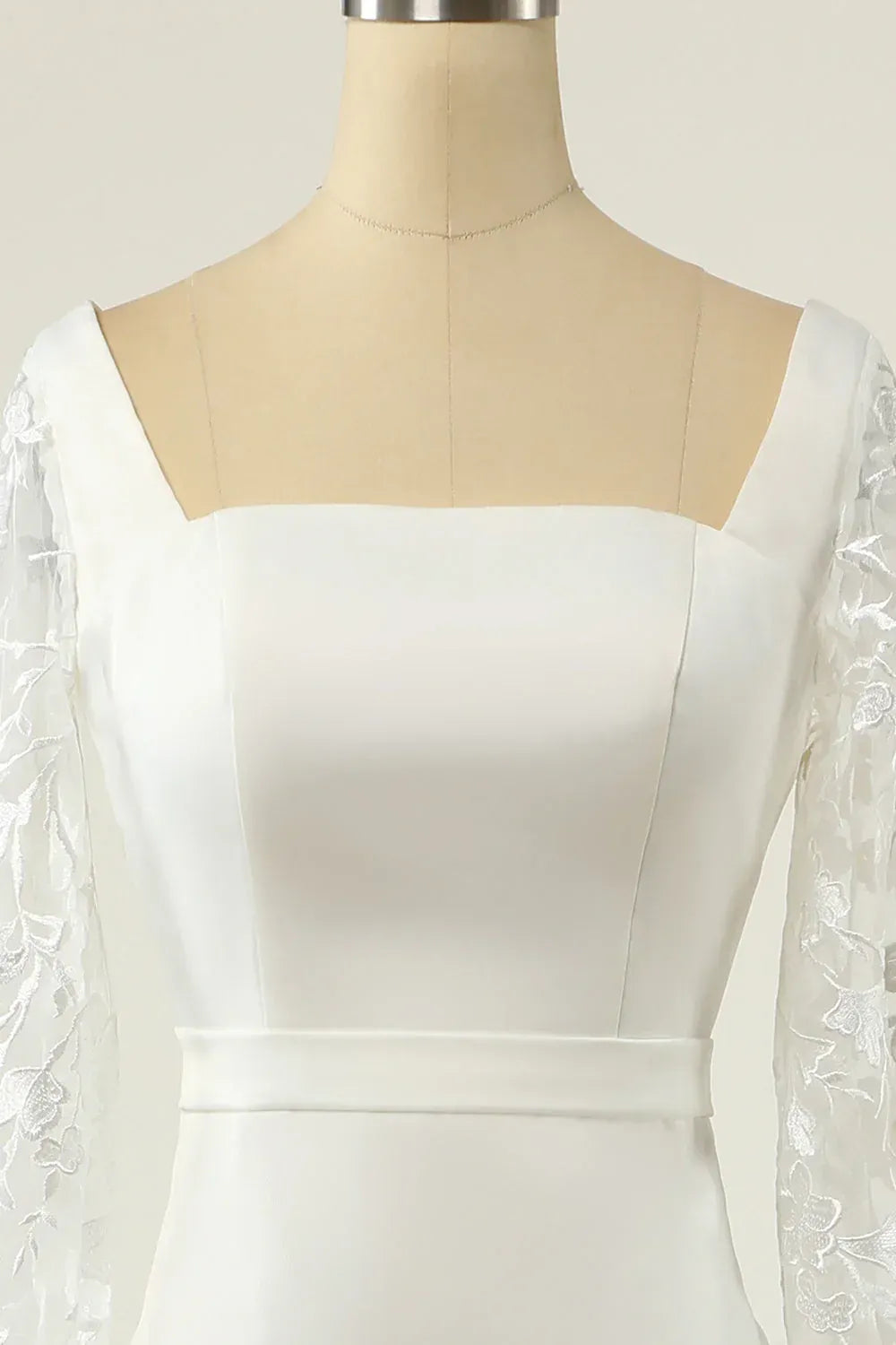 Square Neck Long Floral Lace Puff Sleeve Satin Mermaid Wedding Dress With Bow Back Train