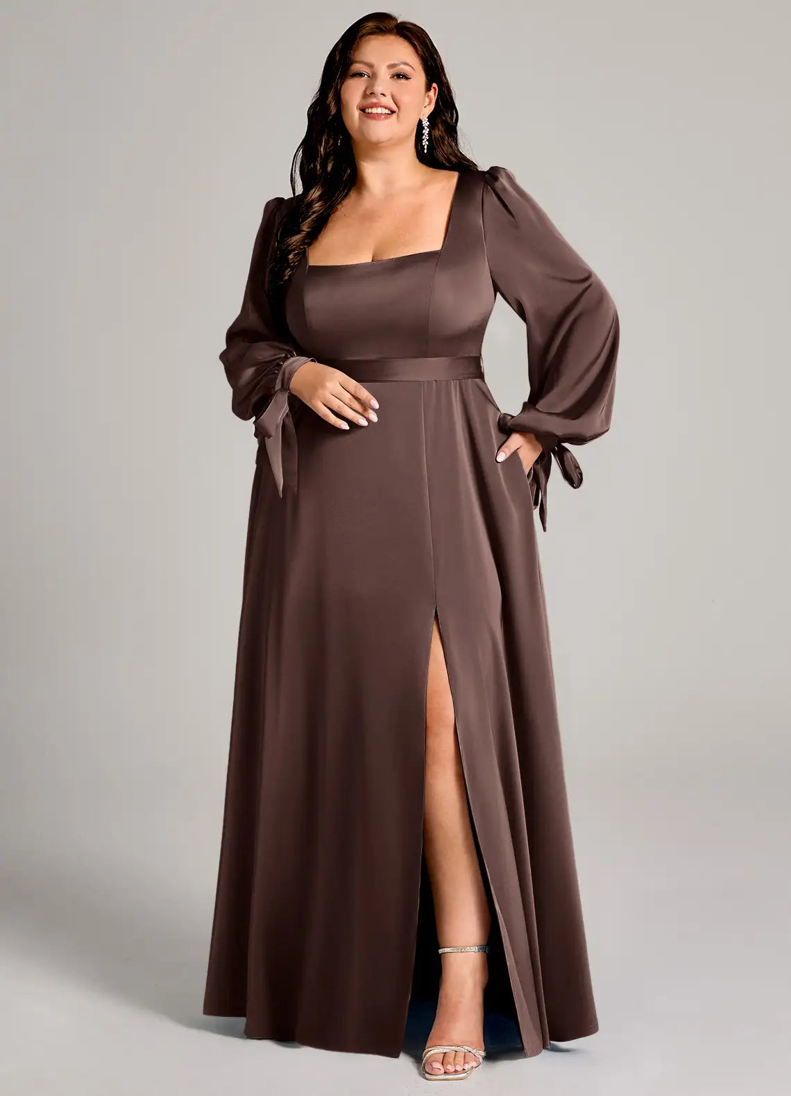 Square Neck Long Sleeve Slit Floor-Length Plus Size Bridesmaid Dress