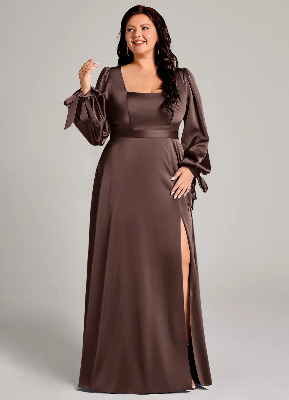 Square Neck Long Sleeve Slit Floor-Length Plus Size Bridesmaid Dress