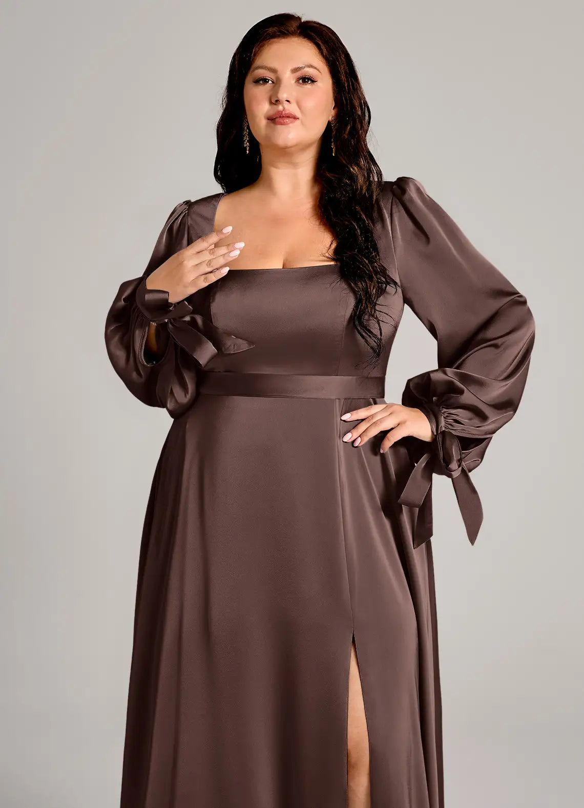 Square Neck Long Sleeve Slit Floor-Length Plus Size Bridesmaid Dress