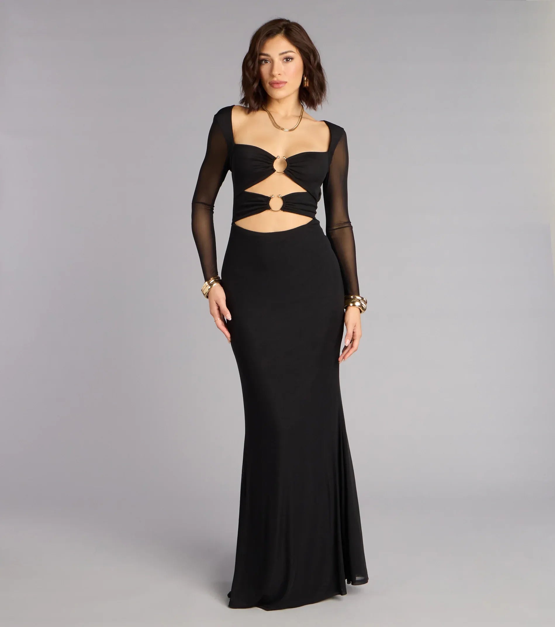 Square Neck Mesh Long Sleeve Double Ring Cutout Tie Back Plain Slit Black Jersey Mermaid Maxi Wedding Guest Dresses